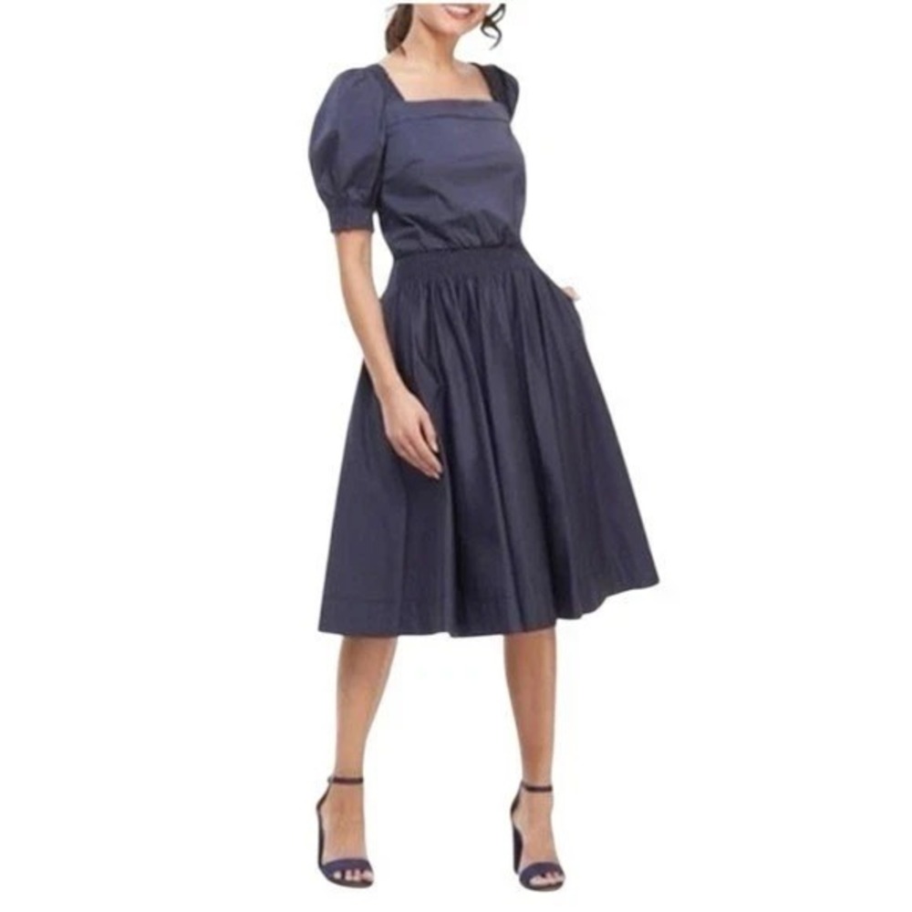 Gal Meets Glam Anastasia Sz 6 Midi Dress Navy Blue Smocked Puff Sleeve Pockets